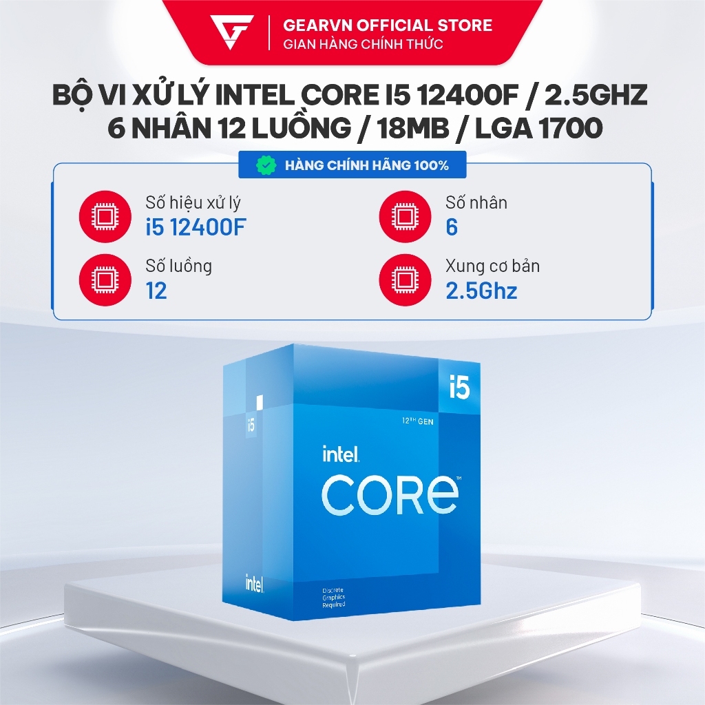 Bộ vi xử lý Intel Core i5 12400F / 2.5GHz Turbo 4.4GHz / 6 Nhân 12 Luồng / 18MB / LGA 1700