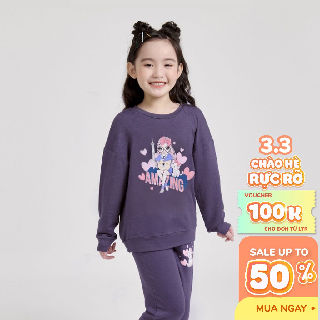 Bộ đồ bé gái dài tay BIGFOX - MISS MEOW size đại, bộ thun cotton thu đông cho bé in Amazing cỡ trẻ em 3-11 tuổi 10-37kg