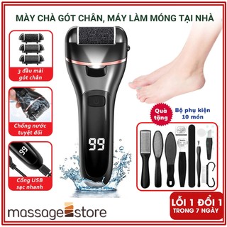 Máy chà gót chân tẩy tế bào chết, máy mài gót chân cao cấp sạc pin 2 tốc độ, 3 đầu mài tặng kèm bộ dụng cụ chà gót chân