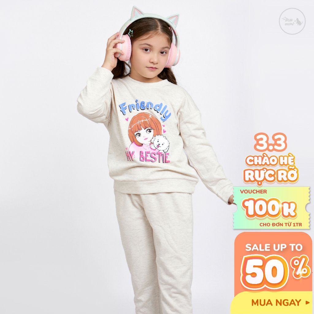 Đồ bộ thu đông cho bé gái Bigfox Miss Meow, bộ nỉ dài tay cho bé phong cách Hàn Quốc size đại trẻ em 3-11 tuổi 11-38kg