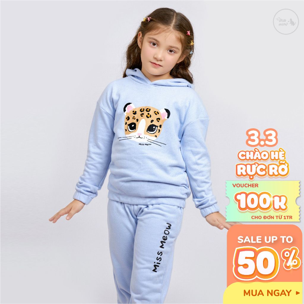 Đồ bộ thu đông cho bé gái Bigfox Miss Meow dài tay, bộ nỉ bé gái áo hoodie có mũ size đại trẻ em 3-11 tuổi từ 11-38kg