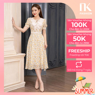 Đầm Hoa NK FASHION Thiết Kế Đai Bọc Cổ Phối Bèo Điệu Đà Thanh Lịch Chất Vải Nhập Hàn Cao Cấp NKDV2302006