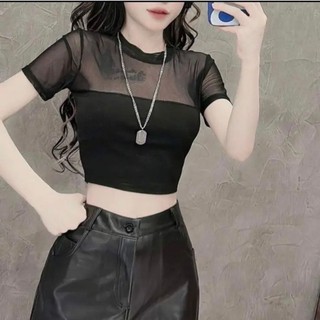 Áo thun lụa phối lưới fom dáng croptop tôn dáng