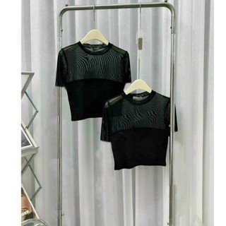 Áo thun lụa phối lưới fom dáng croptop tôn dáng