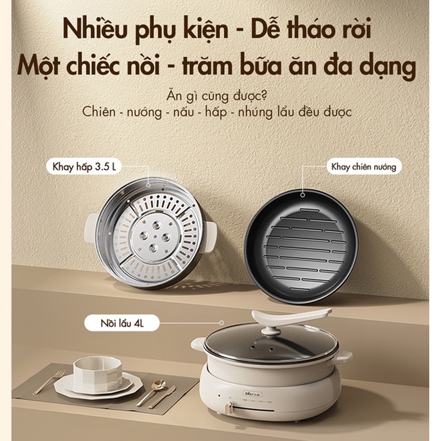 Nồi lẩu điện đa năng chiên xào 4L Bear DHG-C40W2 1500W, Nồi điện kèm chảo điện ,khay hấp.BEHOME