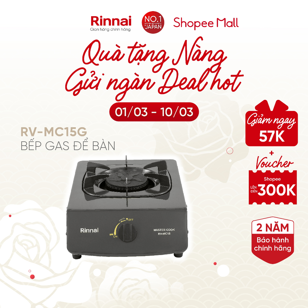 Bếp gas dương Rinnai RV-MC15G mặt bếp men và kiềng bếp men - Hàng chính hãng.