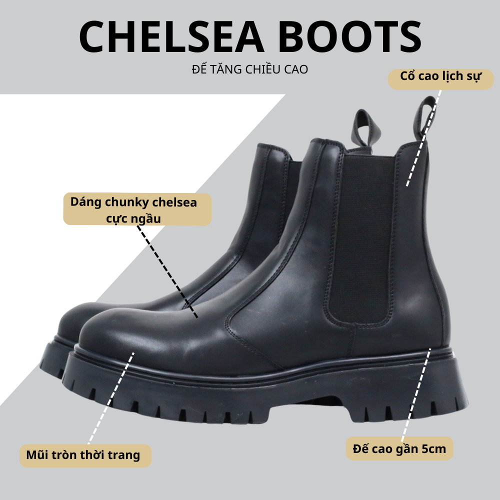 Giày chelsea boots da lì INICHI G1113 đế chunky tăng chiều cao, có may đế