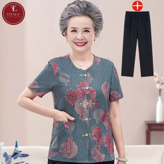 Quần Áo Nữ Trung Niên Cho Mẹ, Bà Nội Ngoại, Bộ Đồ Hoa Lụa Quần Cotton Sang Trọng Bigsize 80kg A25