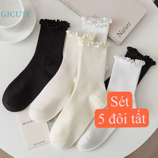 Sét 5 đôi Tất Cổ Cao Nữ, Vớ Cotton Bèo Nhún Trơn Basic Họa Tiết Cổ Bèo Phong Cách Vintage Thời Trang Hàn Quốc Co Giãn