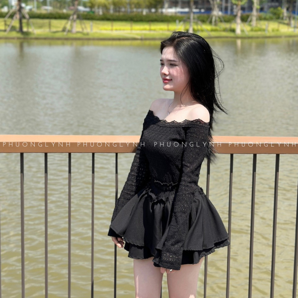 Áo kiểu nữ tay dài , áo kiểu trễ vai viền ren , áo bẹt vai tay dài chất ren PLA259-SHOP PHUONG LYNH