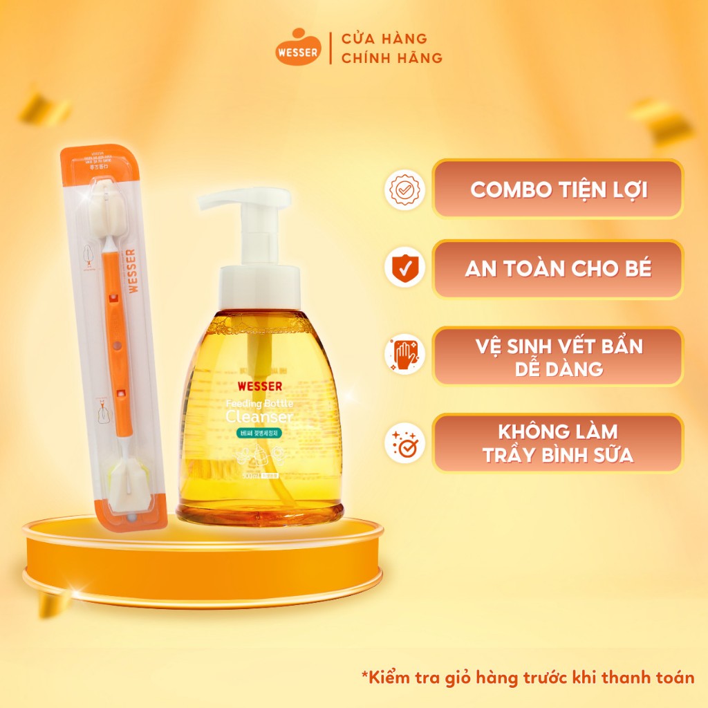 Combo nước rửa bình sữa chai + Dụng cụ vệ sinh bình sữa đa năng Wesser