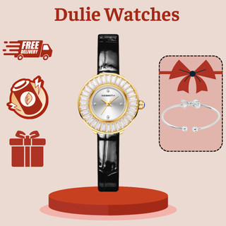 Đồng hồ dây da nữ đính đá viền mặt đồng hồ, đồng hồ dây da tiểu thư sang chảnh dulie watches