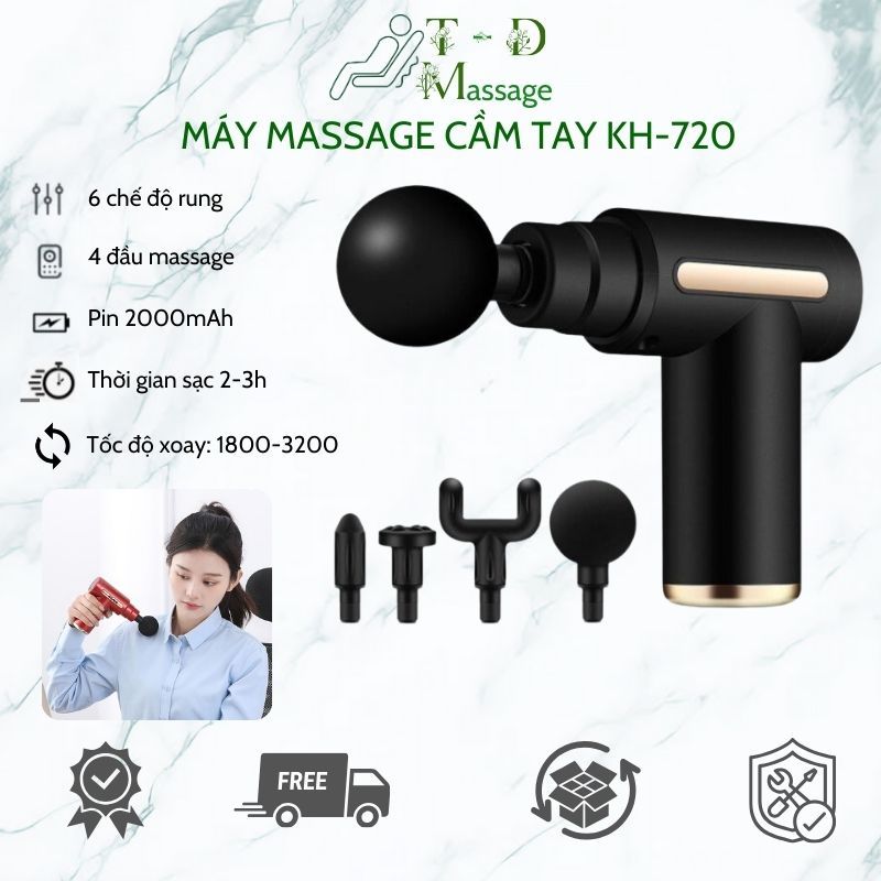Máy mát xa cầm tay, súng massage Takara KH720 trị liệu toàn thân Với 4 Đầu Thay Thế 6 Cấp Độ BH 12 Tháng