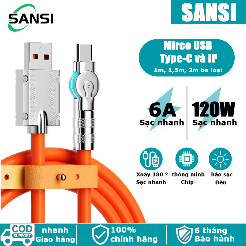 Cáp Sạc Nhanh 120W 6A,Xoay tự do 180 °,Cho Type-C Mircro USB iP Các loại điện thoại di động