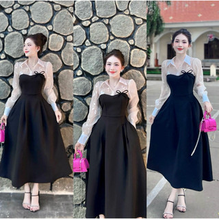 Đầm maxi thiết kế cổ sơ mi phối tay dài dự tiệc sang chảnh,váy maxi dài tay đi biển dạo phố - xt.fashion