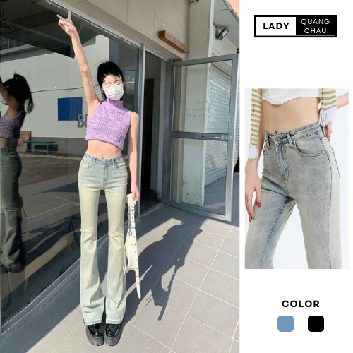 Quần ống loe chất bò jean nữ lưng cao khuy cài siêu tôn dáng màu xanh basic phong cách retro mặc đi làm, đi chơi