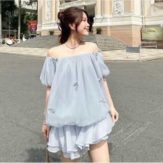 Áo voan tơ trễ vai Babydoll đính nơ, form siu bồng bềnh 2 lớp dày dặn không lo mỏng lộ