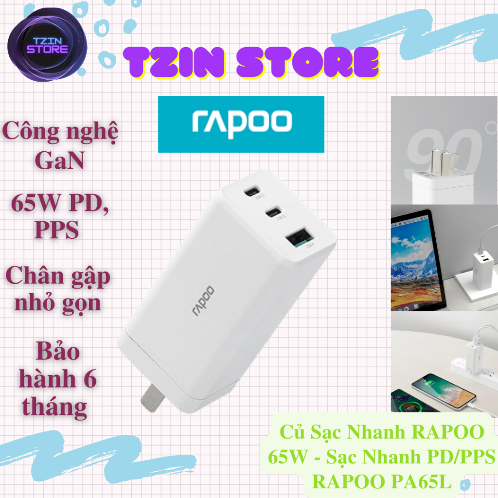 Củ Sạc Nhanh RAPOO 65W 3 cổng PD/PPS Sạc Siêu Nhanh Laptop, Điện Thoại - RAPOO PA65L