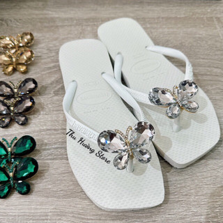 Thu hường store - dép nữ đế vuông slim trắng đính bươm' đá