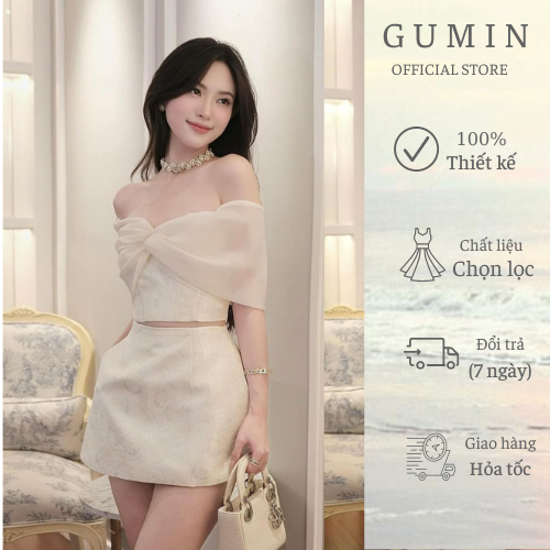 Set áo váy gấm GUMIN trễ vai tơ tiểu thư sang chảnh, Set đồ dự tiệc thanh lịch cao cấp