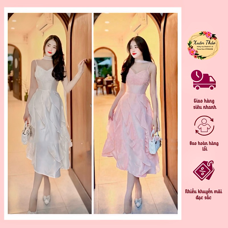 Đầm Maxi 2 Dây Trắng Bèo Tầng Phối Dây Cổ Choker Hàng Thiết Kế, Váy 2 Dây Phối Nơ Dự Tiệc Sang Chảnh - XT.Fashion