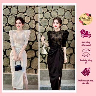 [MẪU MỚI VỀ] Váy Body Ren Dáng Dài Xẻ Tà Thiết Kế Sang Chảnh,Đầm Body Dự Tiệc Nhún Eo Tay Dài Phối Ren - XT Fashion
