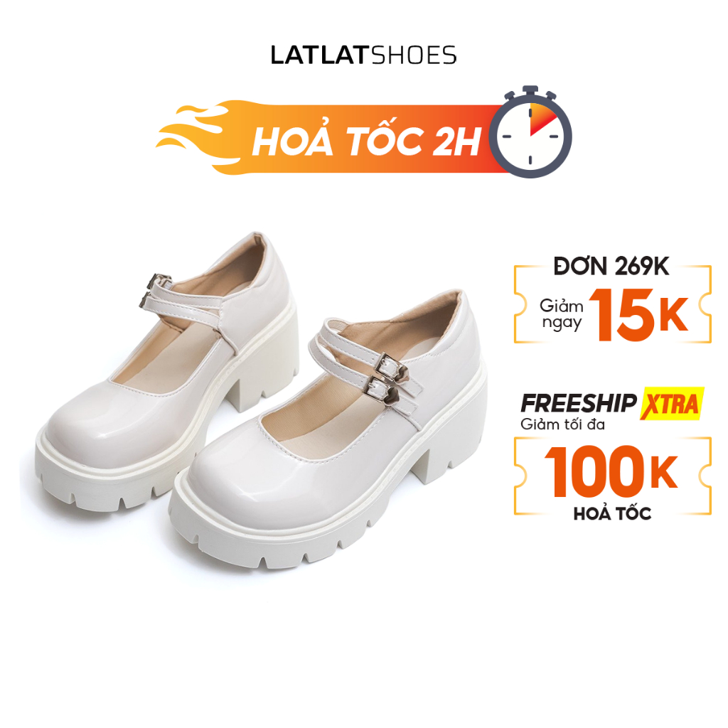 Giày lolita hai quai đế cao 6cm bản màu trắng kem dành cho nữ - Giày Lolita tiểu thư - Có ảnh thật