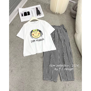 Bộ cotton quần kẻ hình mặt cười