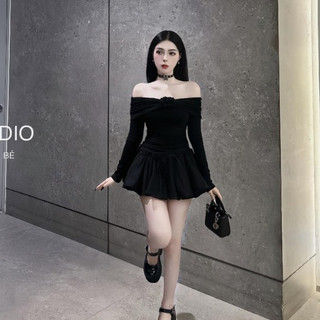 Đầm Trễ Vai Dài Tay Đính Hoa Hồng Mpb Tùng Bí Kèm Quần Bảo Hộ CC239