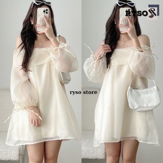 Đầm Trễ Vai Tay Bồng Hàn Quốc Dáng Ngắn Váy Trễ Vai Vải Tơ Bóng 2 Lớp Đính Đá Sang Trọng,Đầm Baby Doll Dáng PCute RYSO