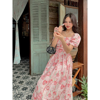 Đầm hoa dài - nhún ngực - đan dây - đính ngọc