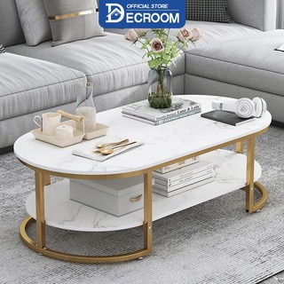 Decroom bàn trà sofa mặt bàn hoa văn đá cẩm thạch, bàn trà hình ovan 2 tầng, chân bàn khung thép chắc chắn