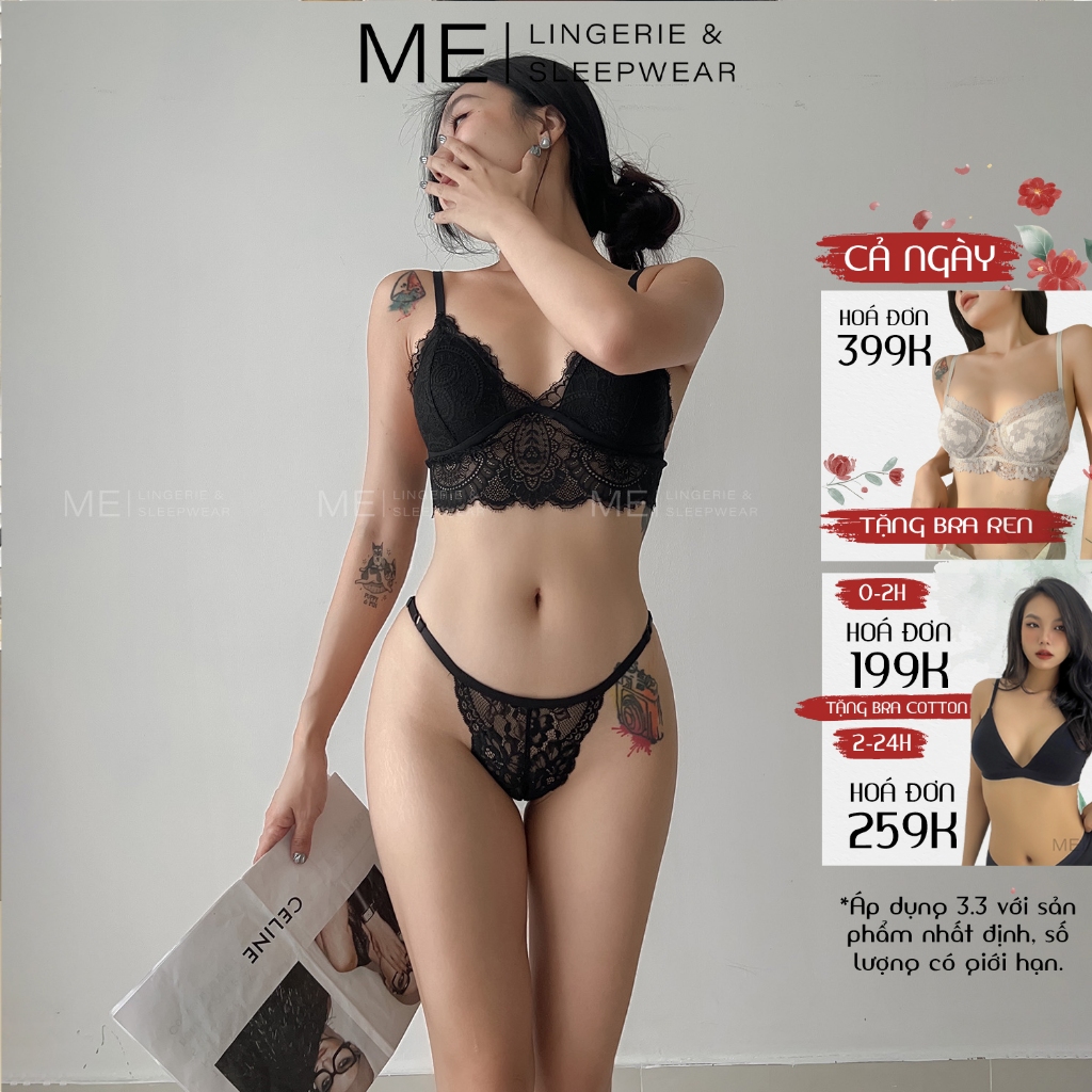 Bộ đồ lót ren nữ áo bralette ren croptop quần dây mềm mại gợi cảm không gọng mút mỏng Melingerie & Sleepwwear