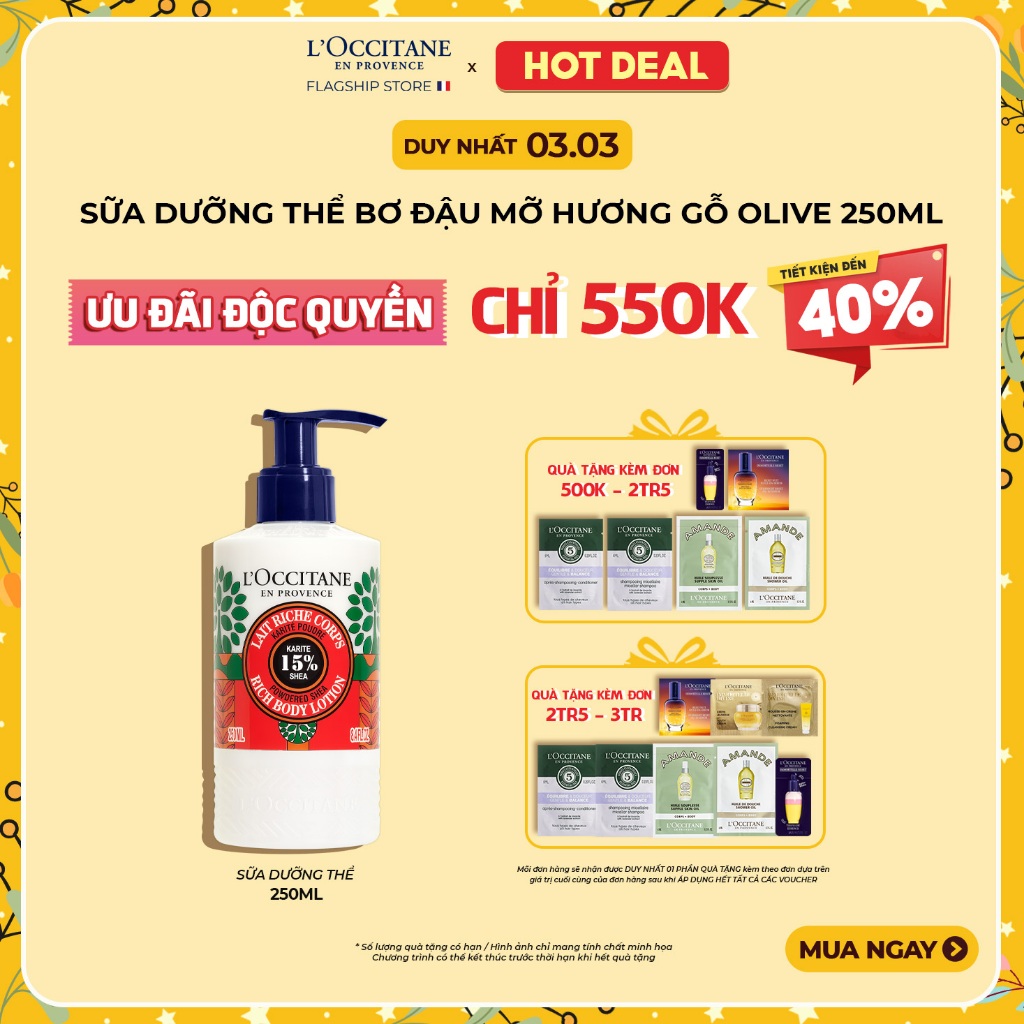 Phiên Bản Giới Hạn Sữa Dưỡng Thể Bơ Đậu Mỡ Hương Gỗ Olive L'Occitane Powdered Shea Rich Body Lotion 250ml