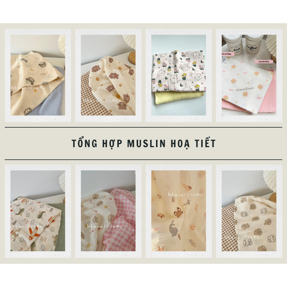 Tổng hợp vải xô muslin cao cấp 2 lớp nhiều hoạ tiết hoạt hình mềm mịn thấm hút mồ hôi - Nhà vải linen