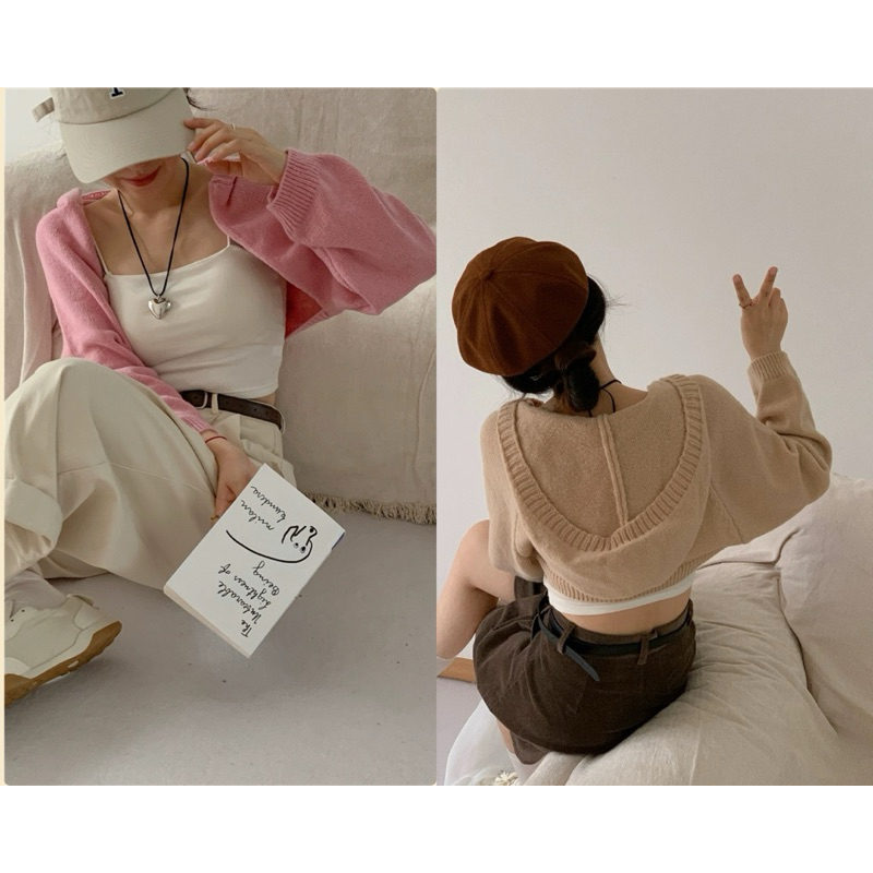 Áo len cardigan croptop có nón tay dài, áo khoác len nữ mỏng không nút qc