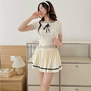 Set áo váy len tăm xếp ly nữ tính,chân vay xếp ly kèm áo thun body cỏ tròn phối nơ tôn dáng