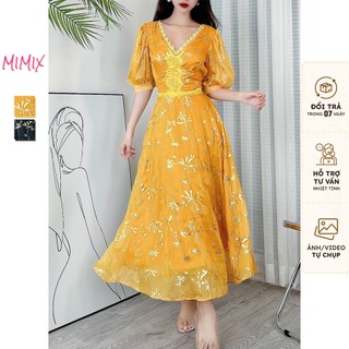 Đầm maxi MIMIX hoa cổ phối ren ép nhũ tay lửng sang trọng DC7235