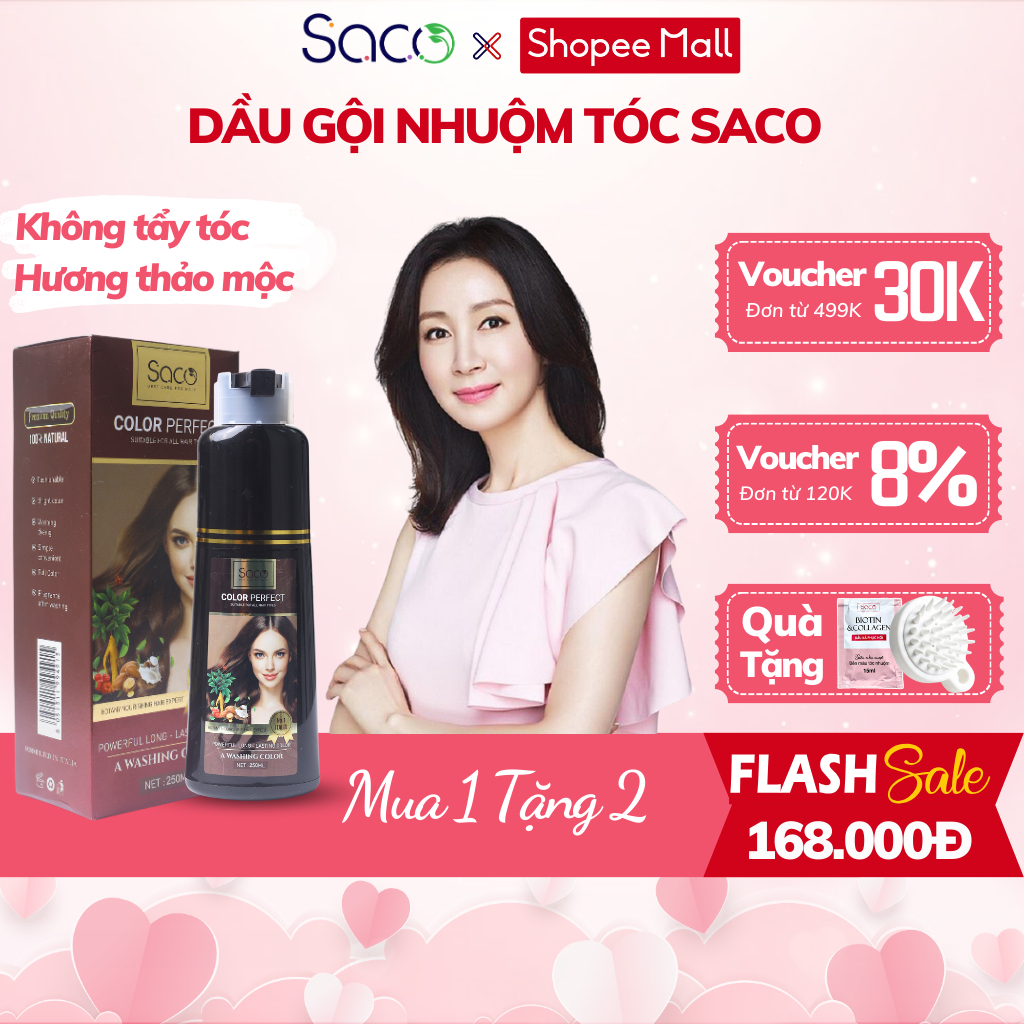 Dầu gội phủ bạc thảo dược chính hãng SACO 250ml, thành phần nhân sâm tự nhiên, mùi hương dễ chịu làm đen tóc sau 15 phút