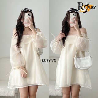 Đầm Trễ Vai Tay Bồng Hàn Quốc Dáng Ngắn Váy Trễ Vai Vải Tơ Bóng 2 Lớp Đính Đá Sang Trọng,Đầm Baby Doll Dáng Phồng CuRUSY