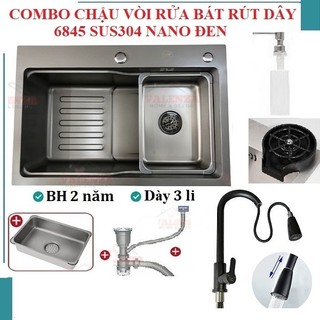 Chậu rửa bát 1 hố sus304 nano đen Valenza 3li 6845 vòi rửa bát rút dây,khay inox bình rửa bát rửa ly