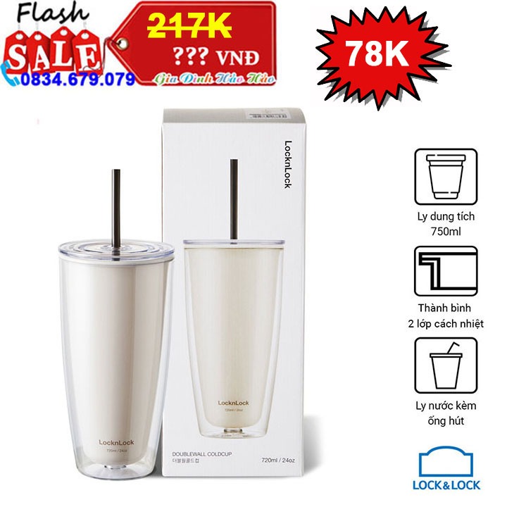 Ly nhựa 2 lớp LocknLock kèm ống hút HAP507- 750ml - Màu trắng ngà - Quà tặng P&G