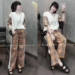Set bộ đồ nữ áo thun phối tay bbr mix quần xuông kẻ dáng rộng freeisze