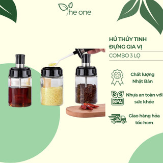 Bộ 3 Lọ gia vị thủy tinh kèm muỗng. lọ đựng gia vị chống ẩm, thiết kế sang trọng