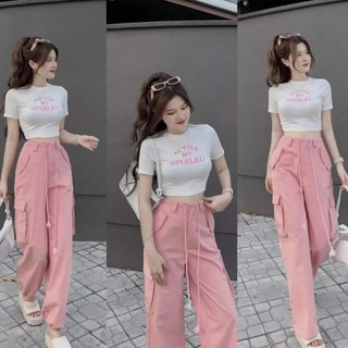 Sét bộ đồ nữ áo croptop cọc tay màu trắng in chữ spolled +quần bom thụng dáng rộng