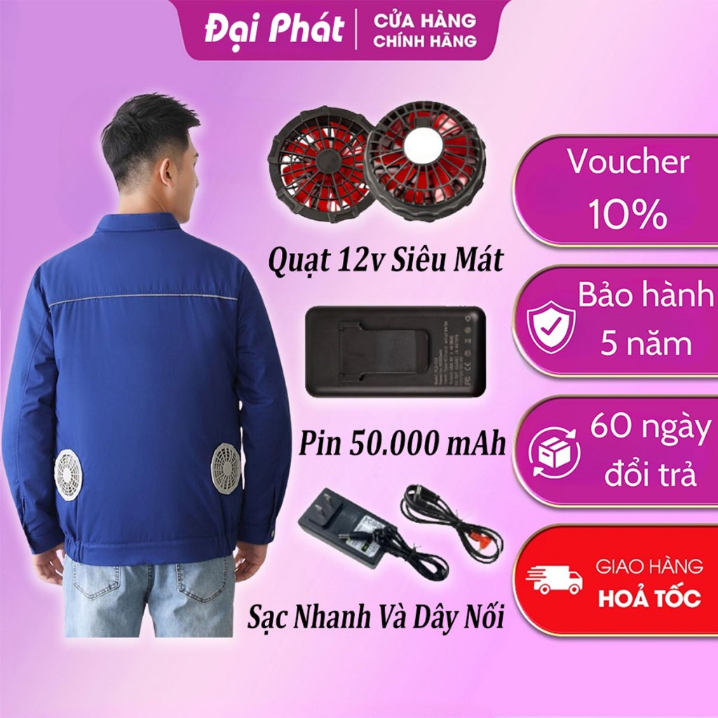 Áo điều hòa chính hãng Nhật Bản pin 50.000mAh - 12V không chổi than, áo quạt làm mát chống nắng nóng bảo hộ lao động