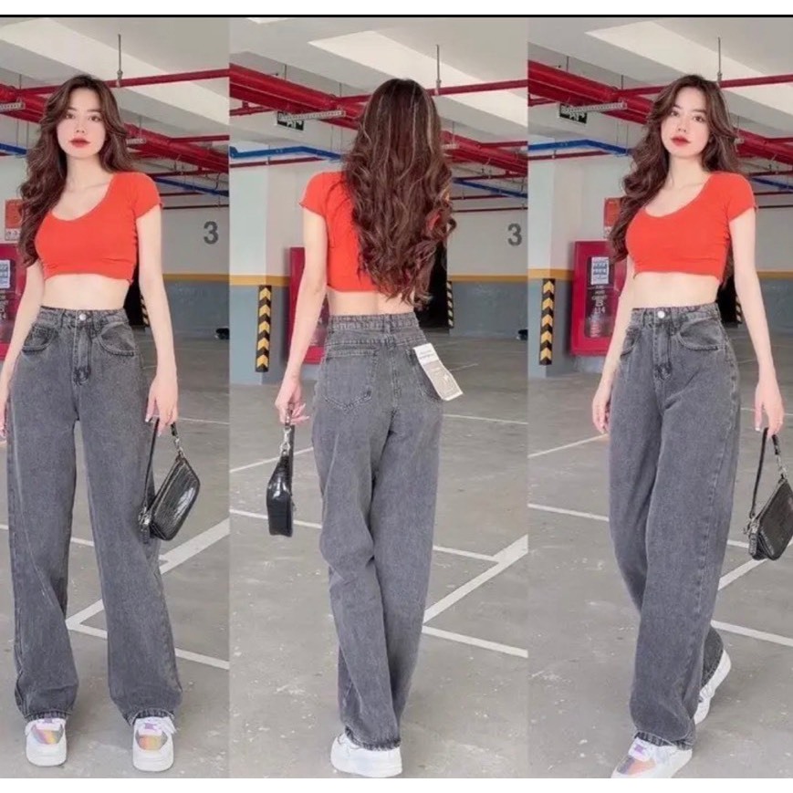 Quần jean nữ ống xuông, rộng lai thường chất bò xám thời trang hàn quốc dễ thương