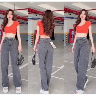 Quần jean nữ ống xuông, rộng lai thường chất bò xám thời trang hàn quốc dễ thương