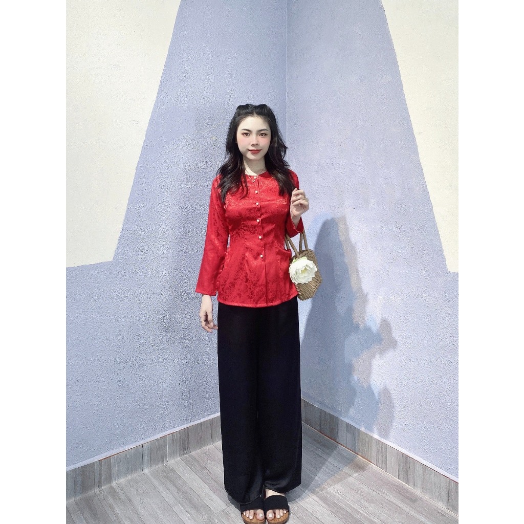 Nguyên bộ bà ba gấm tay dài quần đen-G4