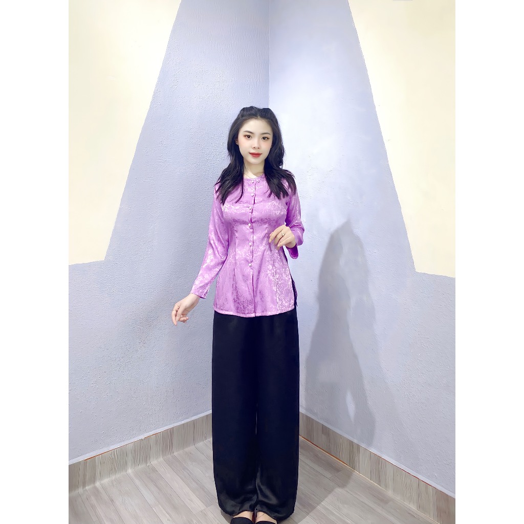 Nguyên bộ bà ba gấm tay dài quần đen-G4